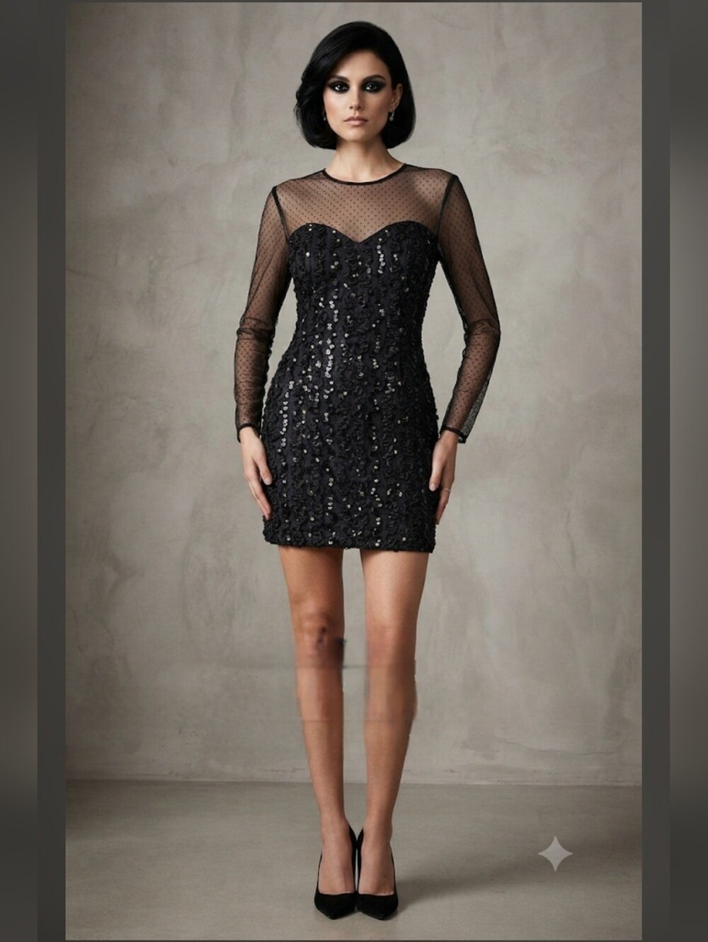 Vintage 80s HW Collections Black Sequin/Mesh Sparkling Mini Dress Size Jr 11-12